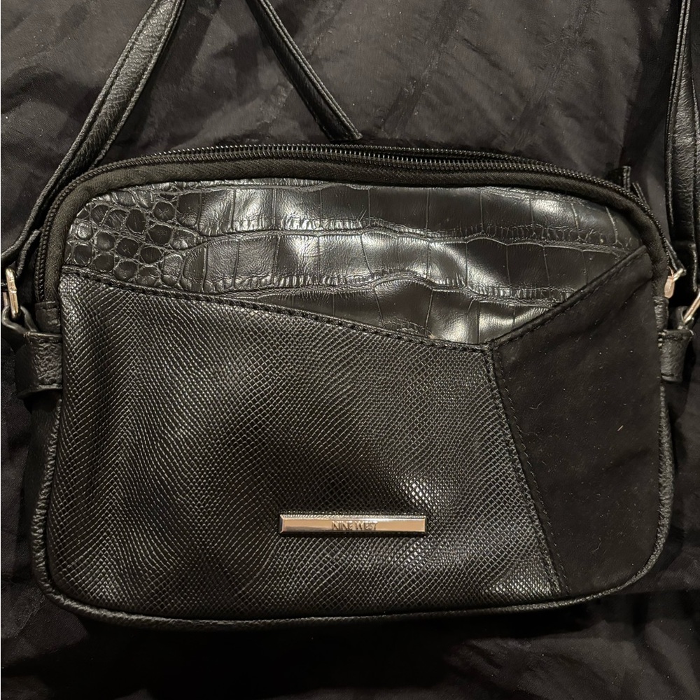Nine West Black Mixed-Texture Crossbody Bag with Metal Logo